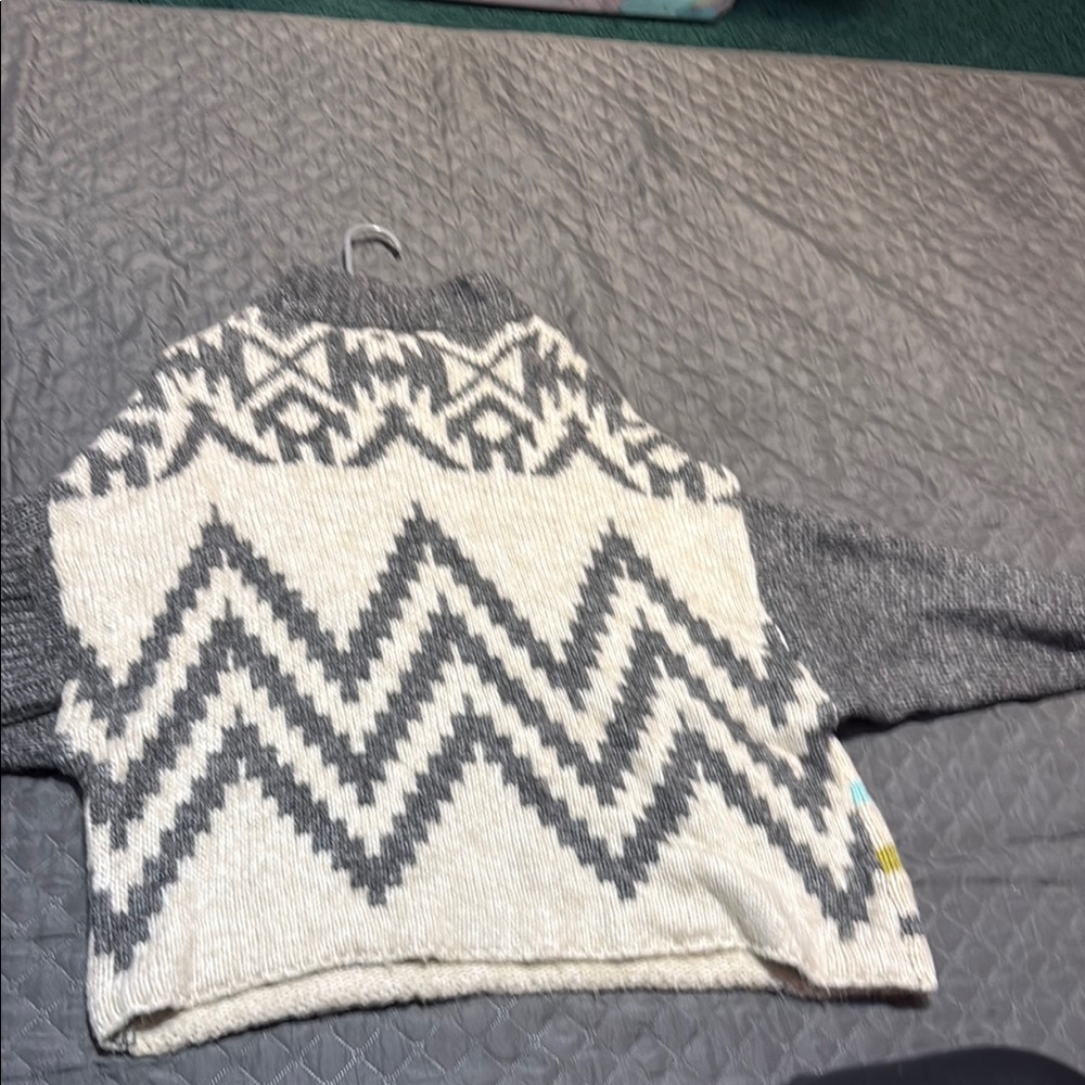 Cozy Gray and Cream Crew Neck Sweater with Nordic Pattern